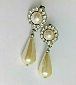 Teardrop Pearl Earrings Dangle Drop  Rhinestone Embellished Glamour Timeless - Picture 1 of 8