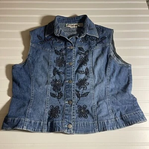Flashback Vintage 1990's Womens Beaded  Floral Denim Jean Vest - Petite Medium - Picture 1 of 14