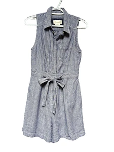 Anthropologie Sz 4 Sleeveless Linen Blend Romper Railroad Stripe Belted Pockets - Picture 1 of 7