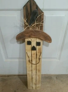 Handmade Primitive Wood Fall Scarecrow with Crow on Hat Porch Decor - Picture 1 of 1