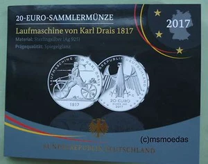 Alemania Alemania Alemania 20 euros moneda de plata 2017 máquina de correr Karl Drais Proof Ag 925 - Imagen 1 de 1