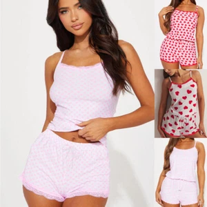 Ladies Summer Hearts Pyjamas Set Pjs Vest Tops Shorts Lounge Wear Nightwear Size - Picture 1 of 11