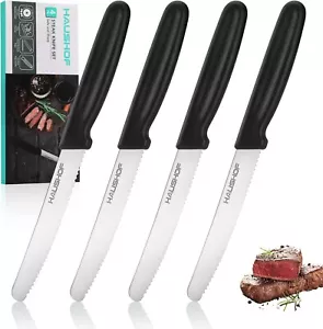 HAUSHOF Black Sharp Serrated Steak Knives 4Pcs, Stainless Steel Steak Knife - Picture 1 of 7