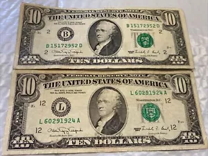 1990 2 $10 Bills VINTAGE Federal Reserve Note B15172952d - L60291924A Repeat N - Picture 1 of 5