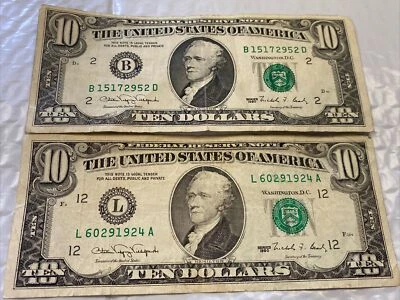 1990 2 $10 Bills VINTAGE Federal Reserve Note B15172952d - L60291924A Repeat N - Image 1 of 4