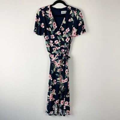 Eliza J Faux Wrap Floral Dress Womens 2 Navy Blue Flutter Sleeve V-Neck Midi - Image 1 of 4