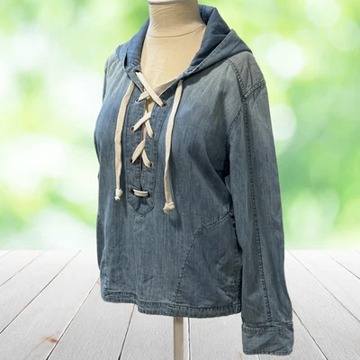 Sudadera con Capucha AMERICAN EAGLE Chambray Para Mujer Azul Medio Pullover Con Cordones Bolsillo Denim Foto 1 de 4