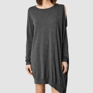 ALLSAINTS Roulo Oversized Sweater Dress Gray Asymmetrical Cold Shoulder Tunic 4 - Picture 1 of 6
