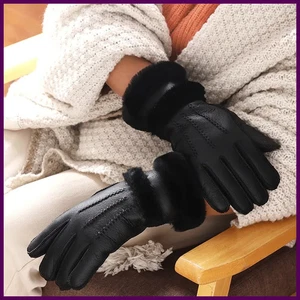 Guantes de cuero de oveja genuinos para mujer, invierno cálidos gruesos forrados de lana para conducir - Imagen 1 de 26