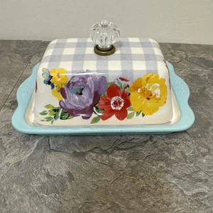 The Pioneer Woman Sweet Romance Doppelstab Butterdose Floral Blau Gingham EUC - Bild 1 von 6