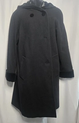 Vintage DonnyBrook Faux Fur Hooded Trench Coat Women’s Size 9 Black 100% Wool  - Image 1 of 4