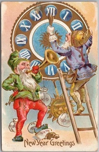 c1910s HAPPY NEW YEAR Embossed Postcard Drunk Elves Gold Coins Clock at Midnight - Picture 1 of 2
