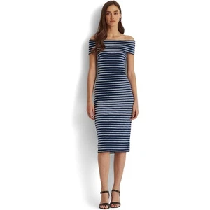 Lauren Ralph Lauren Women Navy Stripe Knit Jersey Off-The-Shoulder Dress Size 14 - Picture 1 of 5