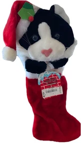 Calza Natalizia 21" Vintage Peluche Gattino Nero Gatto 3D NUOVO Cappello Babbo Natale anni 80 - Foto 1 di 9