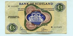 BANCONOTA BANCA DI SCOTLAND SCOZZESE £5 DATATA 9 DICEMBRE 1969 PREFISSO D - Foto 1 di 2