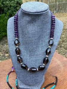 375ct. ECHTER AMETHYST UND AAA RAUCHTOPAS STERLINGSILBER PERLENKETTE - Bild 1 von 8