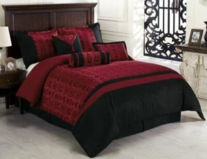 Chezmoi Collection Dynasty 7-Piece Oriental Black Red Jacquard Comforter Set - Picture 1 of 10