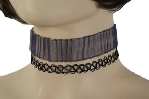 Damen Grau Blau Stoff Modeschmuck Halsband Halskette Schwarz Schnur 2 Stück Set - Bild 1 von 12
