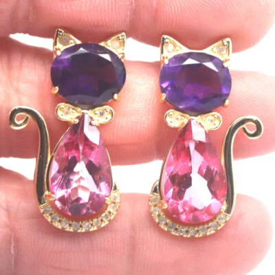 Piedras preciosas 9 x 15 mm. Pendientes de topacio rosa, amatista y circón de plata de ley 925 Foto 1 de 4