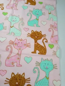 Flannel Fabric Pink Background Cats/Hearts 30" x 41"-100% Cotton-NEW - Picture 1 of 3