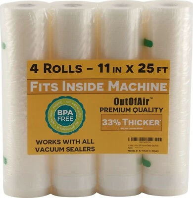 4 - 11" x 25' Vacuum Sealer Bag Rolls Fit Inside Machine 100ft total by OutOfAir
