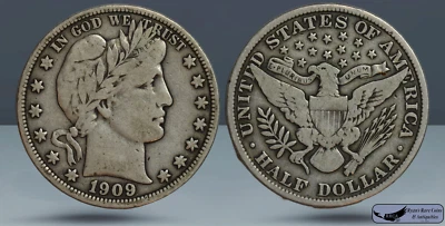 Полдоллара Барбера 1909 г., очень хорошее состояние товара, редкие монеты Райана, C7936 - Изображение 1 из 3