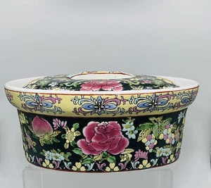 Old Chinese Ceramic Porcelain Macou Pottery Black Floral & Fruit Oval Bowl - Picture 1 of 10