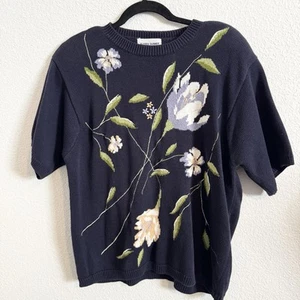Womens Alfred Dunner XL Floral With Embroidered Sweater Navy Blue Short Sleeve - Picture 1 of 5