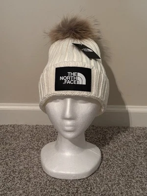 North Face White Chunky Pom Knit Rib Beanie Cap Cuffed Women Girls Thick Warm - Image 1 of 2