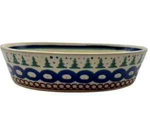 "Plato para hornear Boleslawiec de cerámica polaca ovalado pintado a mano 6"" árboles de Navidad nieve" - Imagen 1 de 8