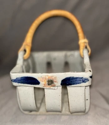 HandWoven Stoneware Berry Basket 7 x 7” Applied Handles Blue And White Stoneware - Image 1 of 4