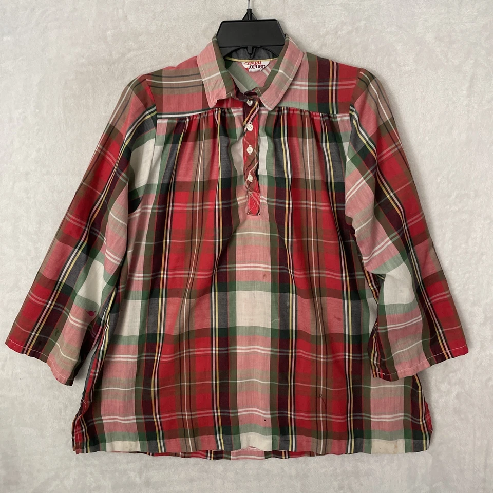 Blusa Top Mujer Esquina Informal Rojo Cuadros Mediana Algodón De Colección Años 60 Manga Larga Foto 1 de 4