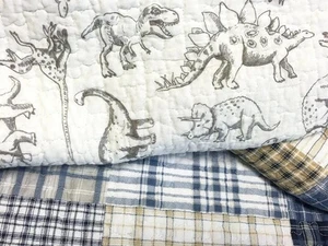 Cozy Line Home Fashions Benjamin Cute Dinosaur Plaid Navy Blue White Grey Bed... - Picture 1 of 6