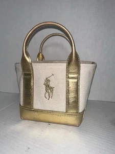 RALPH LAUREN POLO ORO MINI BORSA TOTE IN TELA - Foto 1 di 8