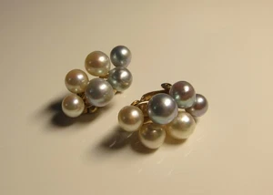Vintage 1940's 14kt Yellow Gold and Pearl Cluster Clip-On Earrings - Picture 1 of 19