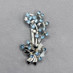 Vintage Blue Rhinestones Flower Bouquet Floral 2.25" Brooch Silver Tone - Picture 1 of 9