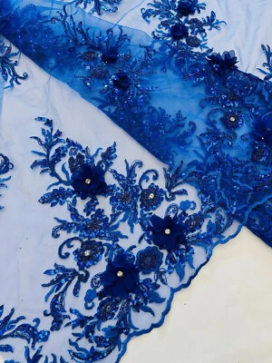 Encaje de malla con cuentas bordado diseño floral de gasa 3D vendido por yarda. Foto 1 de 4