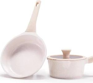 3-Piece Non-Stick Cookware Set, Ceramic Cookware Set, Skillet Saucepan, Taupe - Picture 1 of 5
