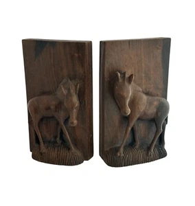 Vintage Pair Heavy Hand Carved Hardwood Horse Bookends Rare Book Ends - Picture 1 of 11