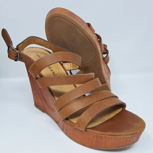 Lucky Brand Leather Sandals Wood Grain Wedge Shoes Brown Straps Women's 8 M - Picture 1 of 18