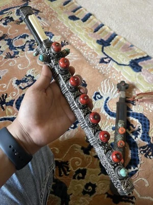 19th C. Old Antique Mongolian Tibetan Chinese Red Aka Coral Bead Knife Sword - Image 1 of 4