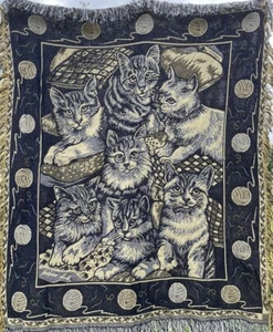 Manta tapiz tejida con flecos para gatos azul amarillo - Imagen 1 de 5