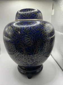 Vintage Beautiful Blue And Gold Flowers Metal Cloisonne Cremation Urn w/Pedestal - Picture 1 of 8