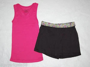 Girls Shorts Set HOT PINK Ribbed Tank Top M 7-8 BLACK KNIT SHORTS Stars HEARTS - Picture 1 of 1