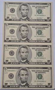 2003 $5 Federal Reserve Note Uncut Sheet of 4 - Picture 1 of 1