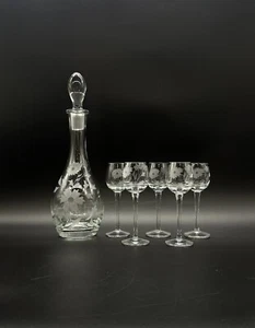 Lot Of 6 Floral Etched Glass 1 Decanter w Stopper & 5 Cordial Shot Stems 2 oz - Picture 1 of 24
