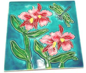 Handmade Orchid and Dragonfly Ceramic 6" X 6" Tile by Hawaii Artist Tracy Lamon - Picture 1 of 3
