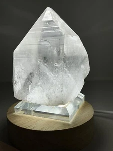 Quartz Crystal Lemurian Seed Clear Quartz Crystal LED USB Wood Light Base 394g - Picture 1 of 12