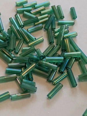 Green Transparent Rainbow Glass Bugle Beads, Green, 6x1.8mm, Hole: 0.6mm  - Image 1 of 3