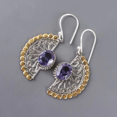 Oval Natural IOLITE 925 Sterling Silver Engagement Dangle Drop Sister Earrings - Image 1 of 4
